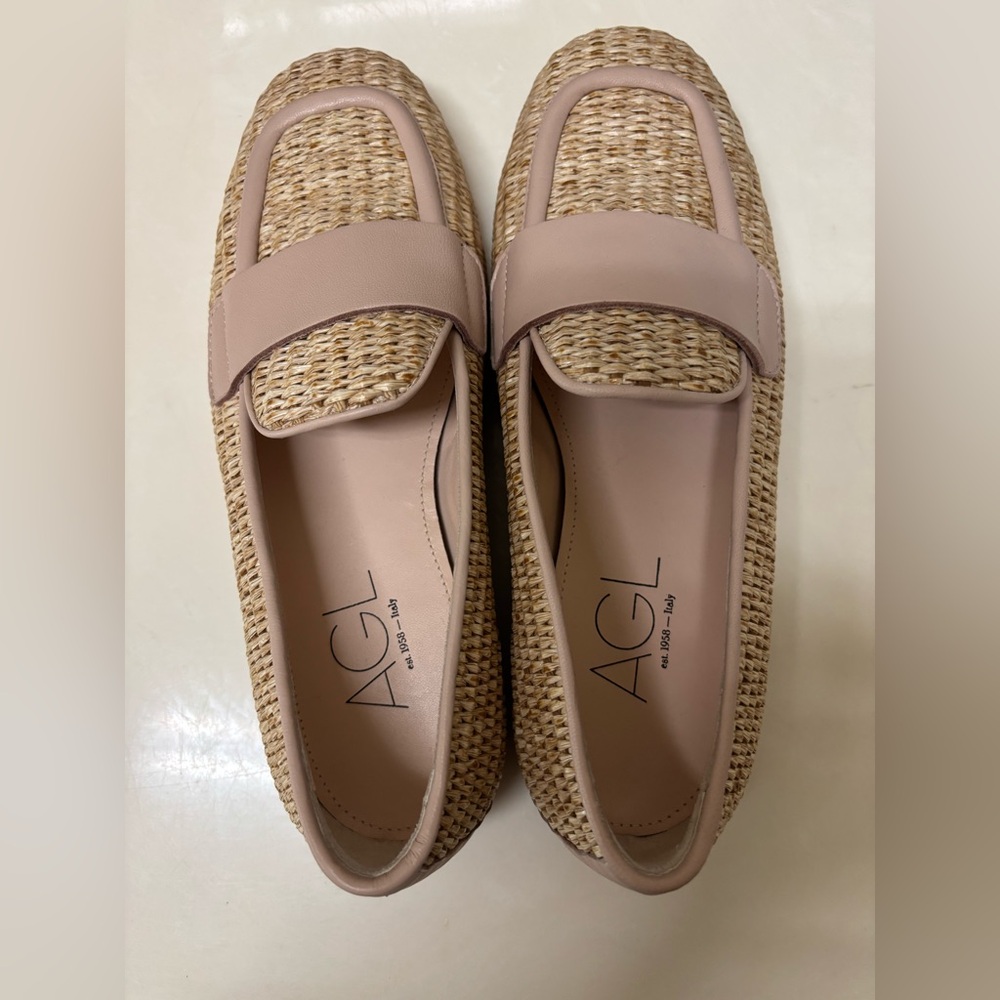 Agl Woven Straw Loafers with Blush Leather Trim